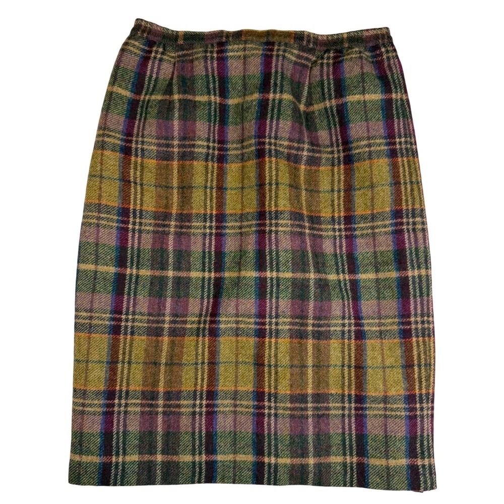 VTG Equorian Heritage Plaid Wool Pencil Skirt Sz 18 Green Tartan Academic Granny